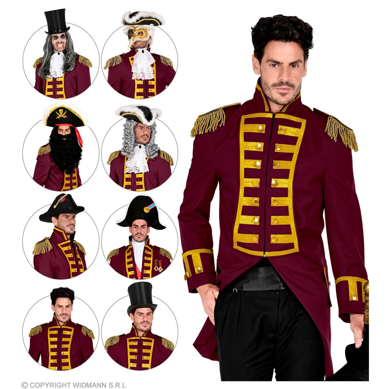 Op deze afbeelding zie je een Kostuums, van het merk Widmann. Parmantige Franse Parade Jas Bordeaux Rood
