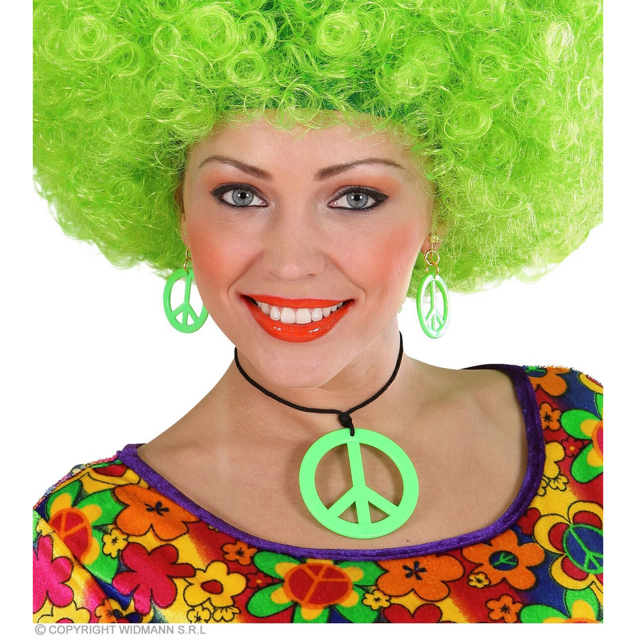Op deze afbeelding zie je een Accessoires, van het merk Widmann. Hippie Set Peace Ketting En Oorbellen Neon Groen