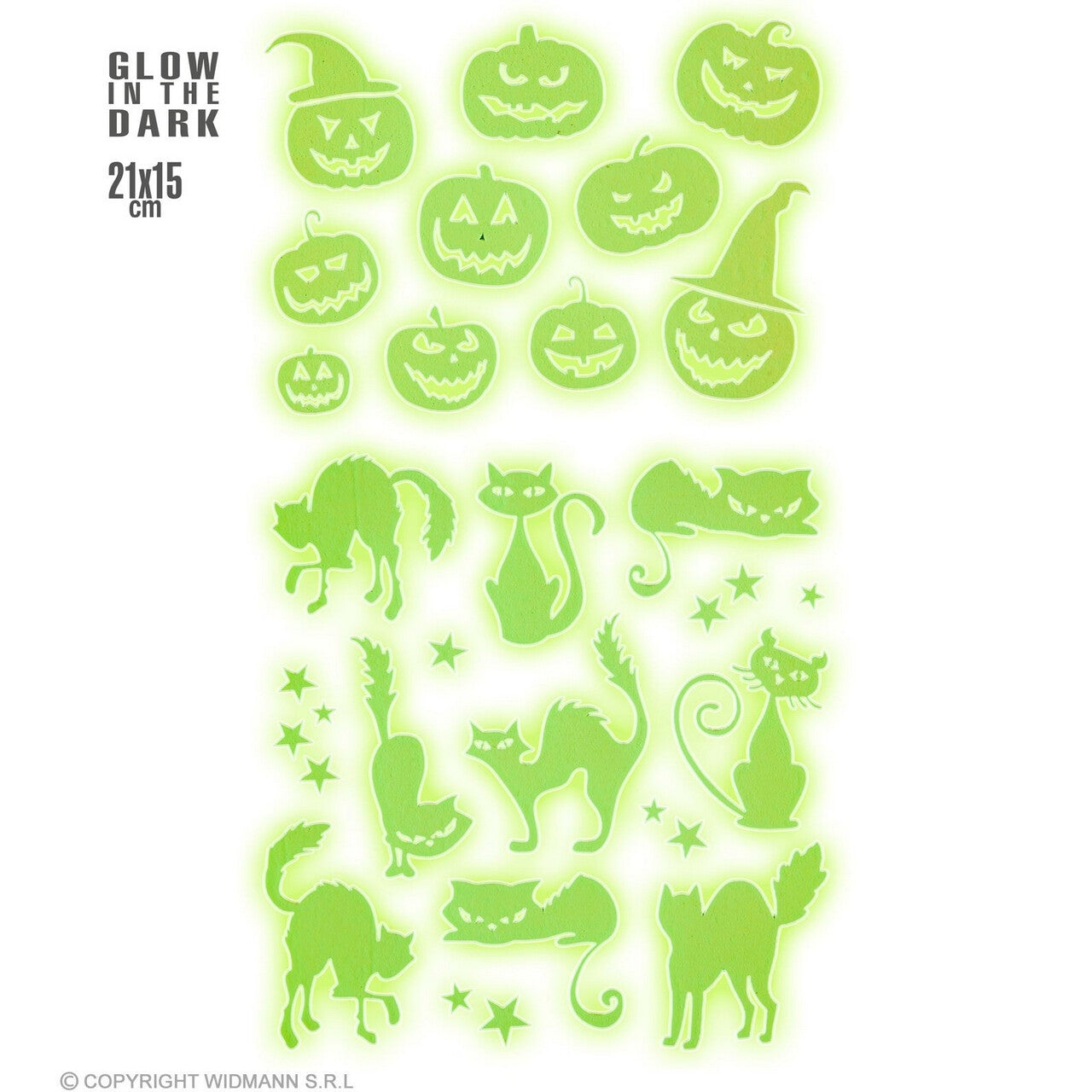 Op deze afbeelding zie je een Decoratie, van het merk Widmann. Glow In The Dark Halloween Pompoenen En Katten Stickers