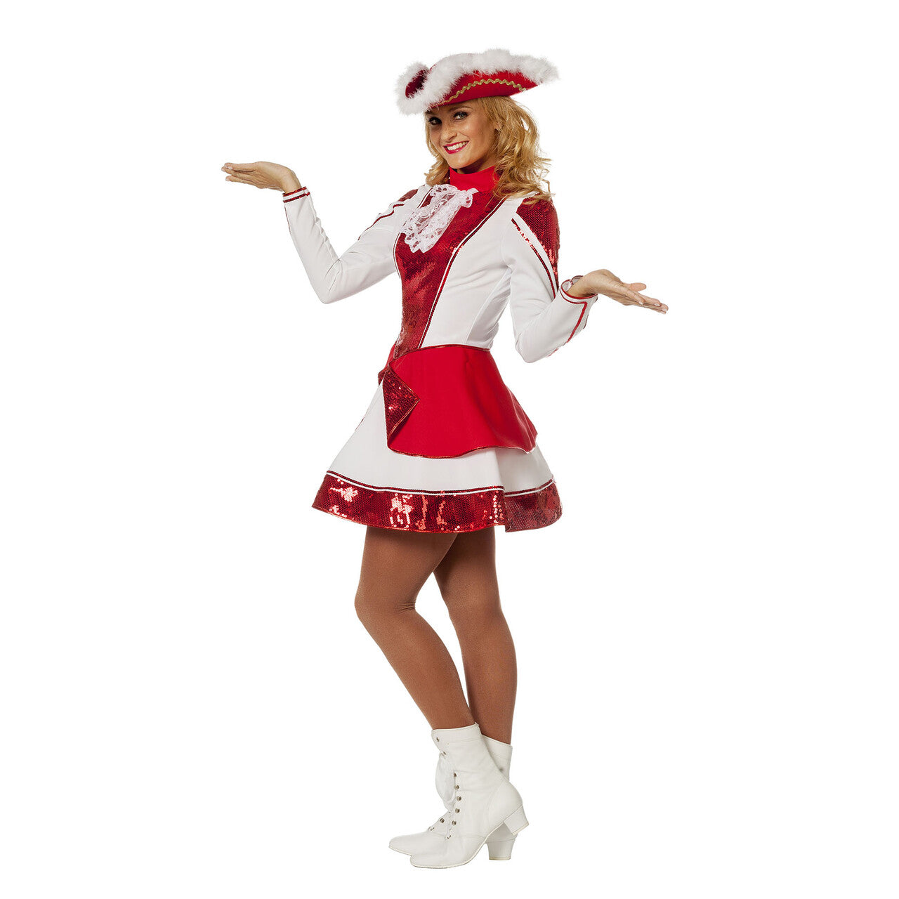 Op deze afbeelding zie je een Kostuums, van het merk Wilbers. Fancy Rood Witte Dansmarieke Kort Dameskostuum Vrouw Kostuum