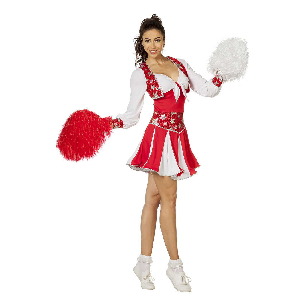 Op deze afbeelding zie je een Kostuums, van het merk Wilbers. Dansende Cheerleader Luxe Rood Vrouw Kostuum