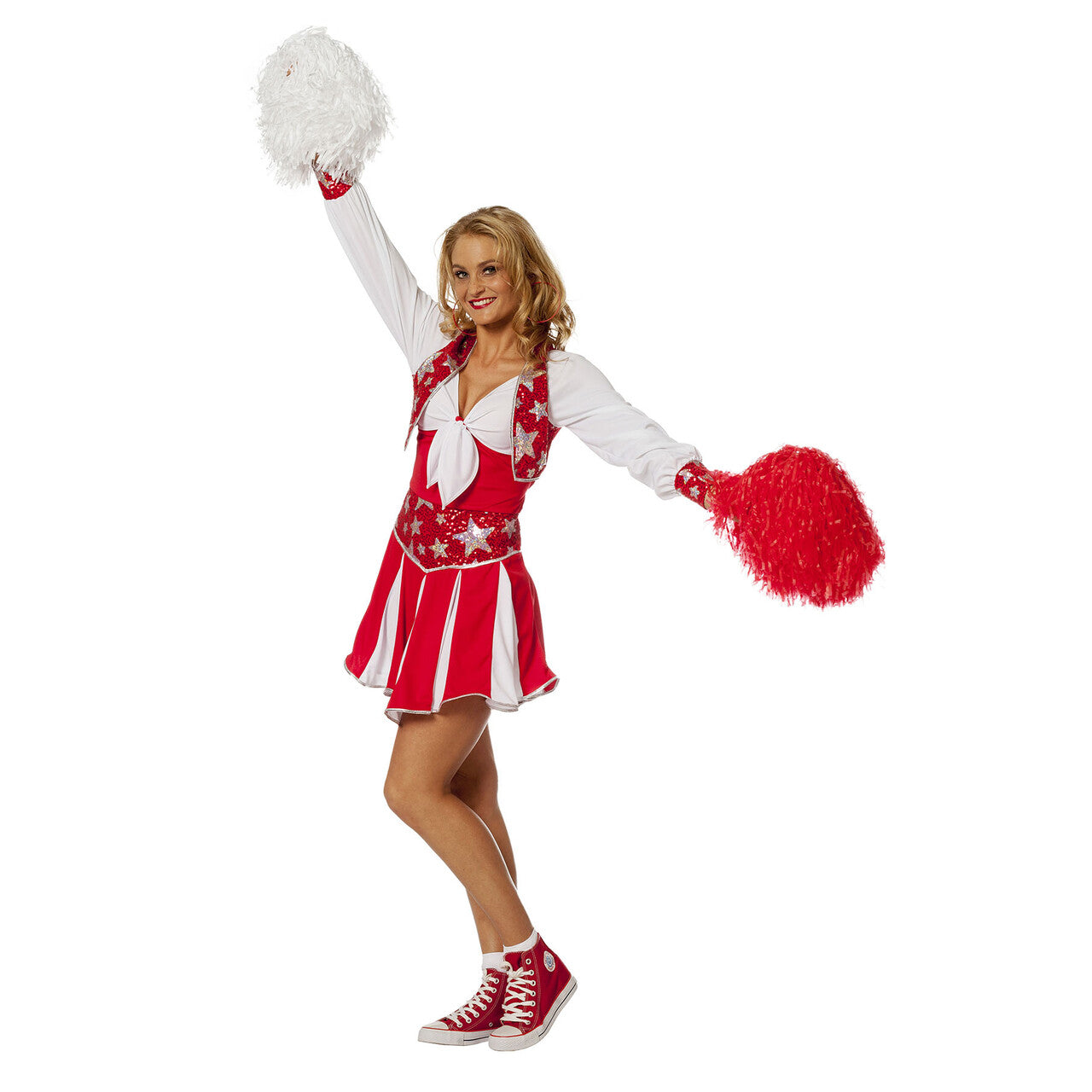 Op deze afbeelding zie je een Kostuums, van het merk Wilbers. Dansende Cheerleader Luxe Rood Vrouw Kostuum