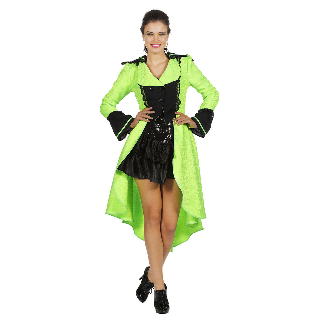Op deze afbeelding zie je een Kostuums, van het merk Wilbers. Luxe Jas Livrei Neon Groen Vrouw