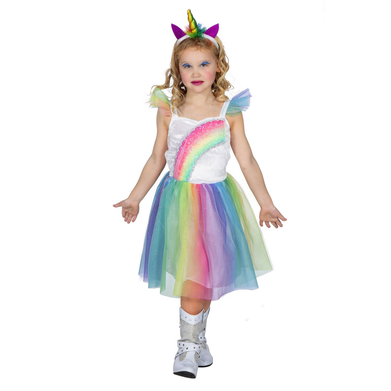 Op deze afbeelding zie je een Kostuums, van het merk Wilbers. Fantasie Eenhoorn Regenboog Fabel Meisje Kostuum