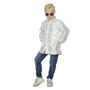 Op deze afbeelding zie je een Kostuums, van het merk Wilbers. Witte Ruchesblouse Satijn Foute Disco Kind