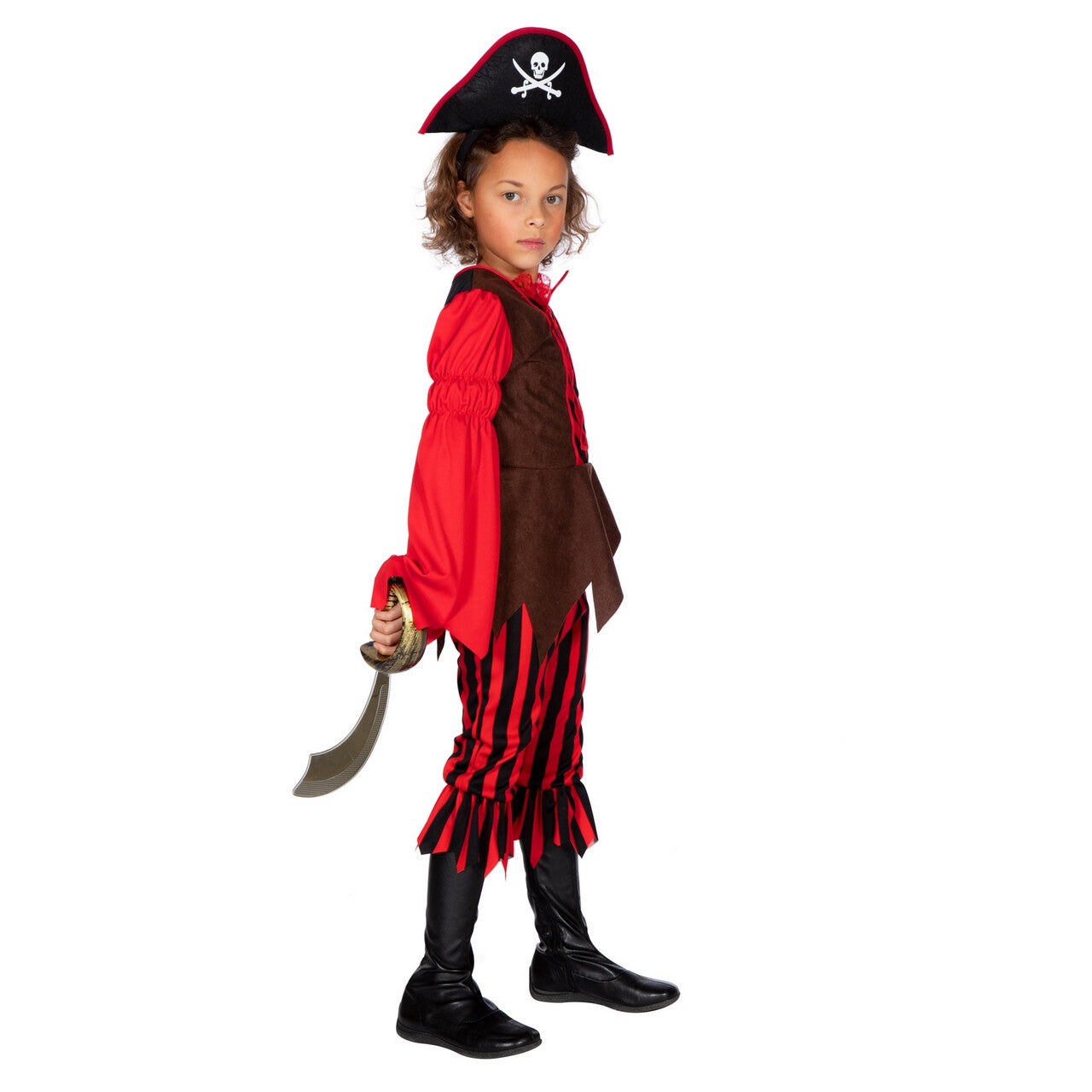 Op deze afbeelding zie je een Kostuums, van het merk Wilbers. Gestreepte Kaper Piraat Petra Pistolet Meisje Kostuum