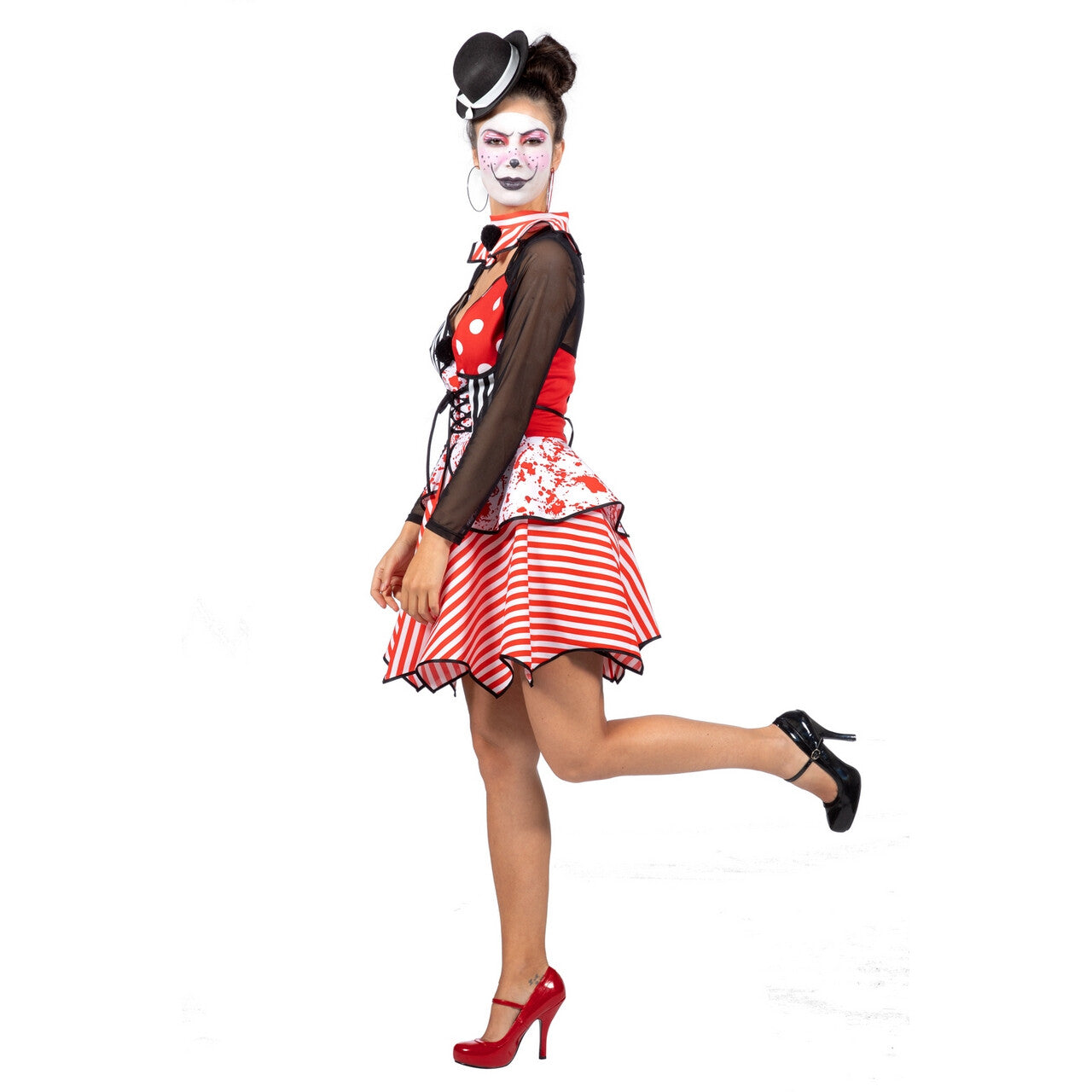 Op deze afbeelding zie je een Kostuums, van het merk Wilbers. Bloedspetter Halloween Griezel Clown Vrouw Kostuum