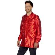 Op deze afbeelding zie je een Kostuums, van het merk Wilbers. Knallend Rode Foute Ruchesblouse Satijn Disco Party Man