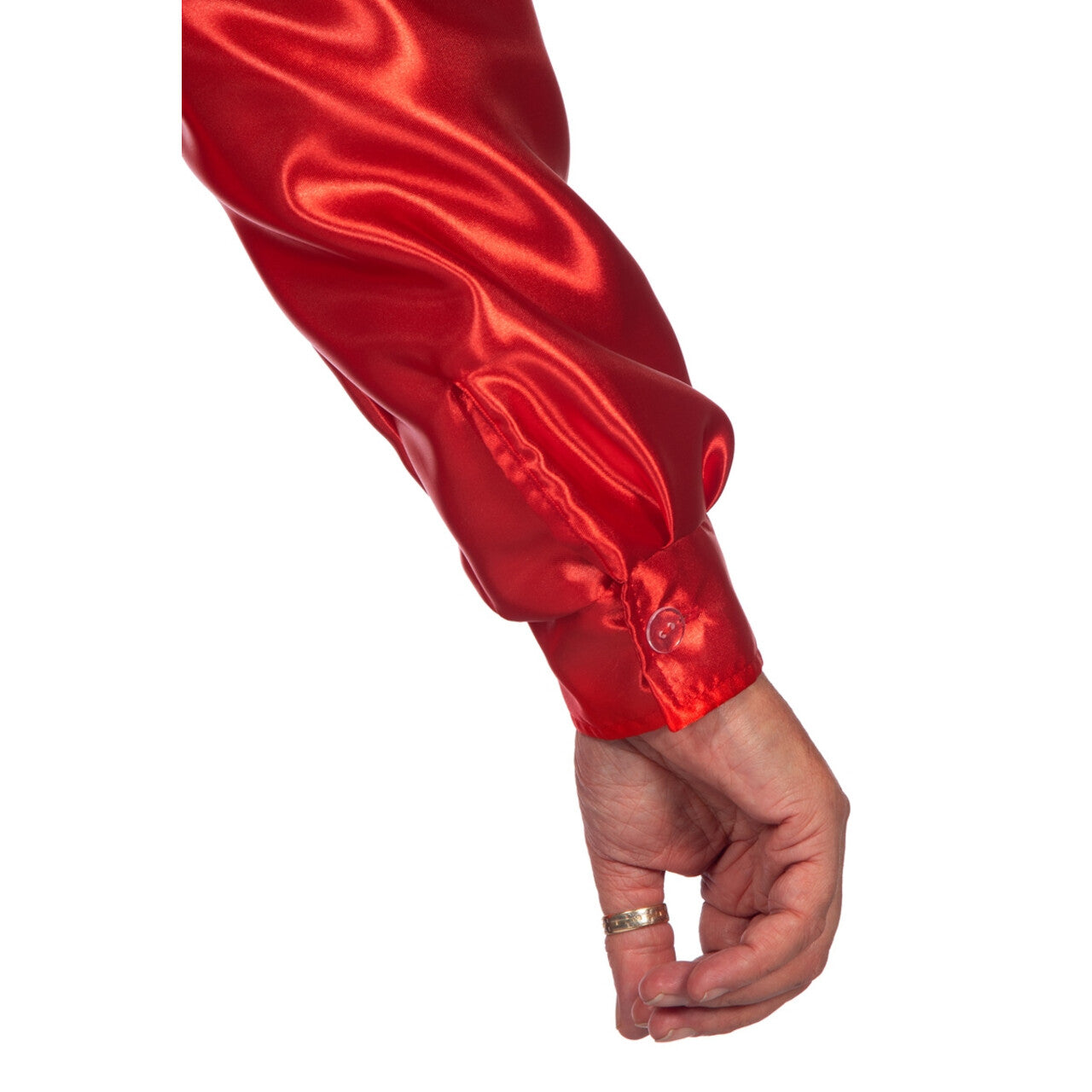 Op deze afbeelding zie je een Kostuums, van het merk Wilbers. Knallend Rode Foute Ruchesblouse Satijn Disco Party Man