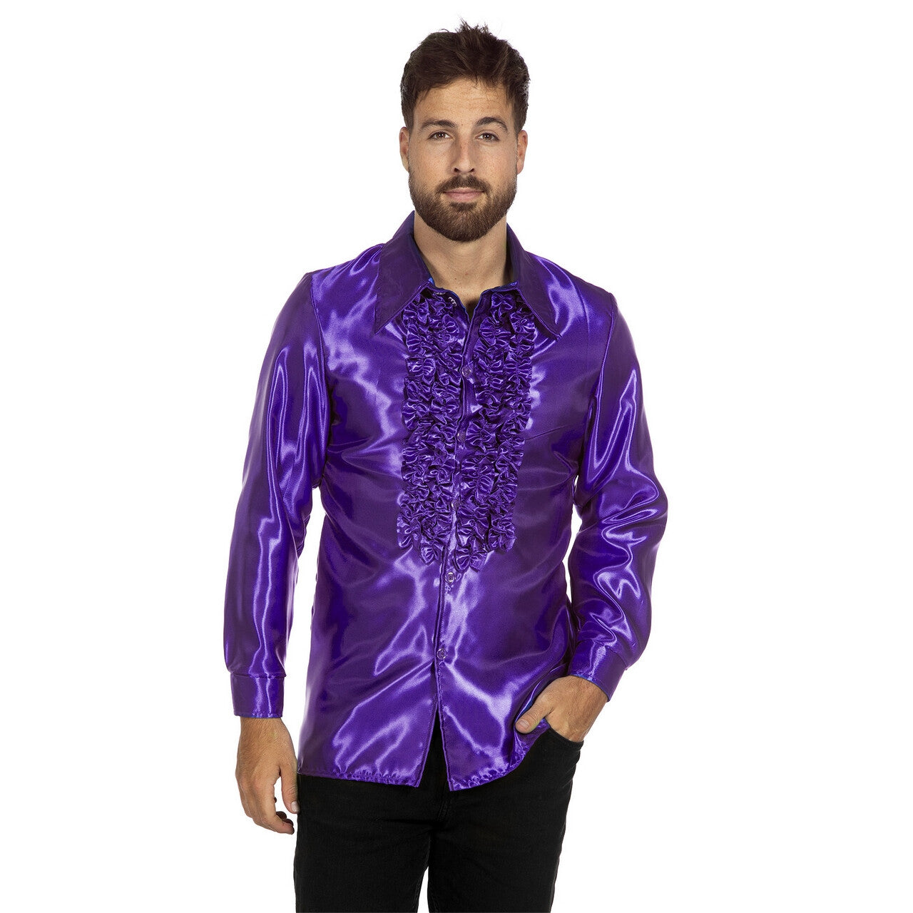 Op deze afbeelding zie je een Kostuums, van het merk Wilbers. Paarse Ruches Blouse Satijn Foute Disco