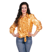 Op deze afbeelding zie je een Kostuums, van het merk Wilbers. Oranje Ruches Blouse Satijn Foute Disco
