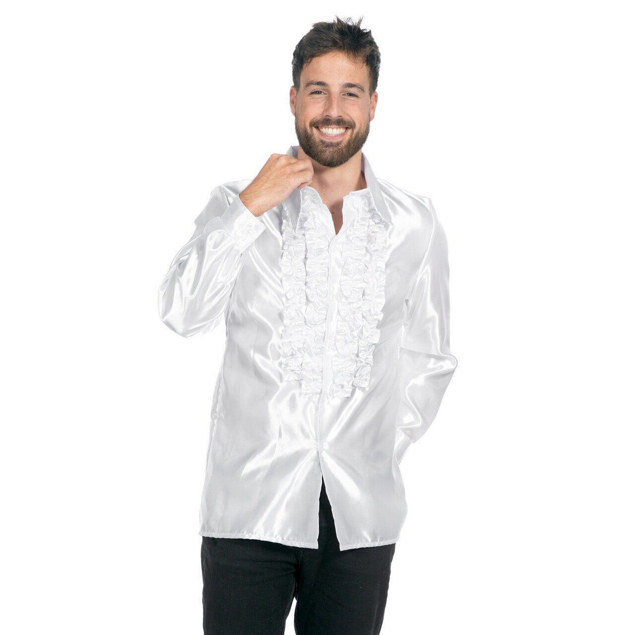 Op deze afbeelding zie je een Kostuums, van het merk Wilbers. Witte Ruches Blouse Satijn Foute Disco
