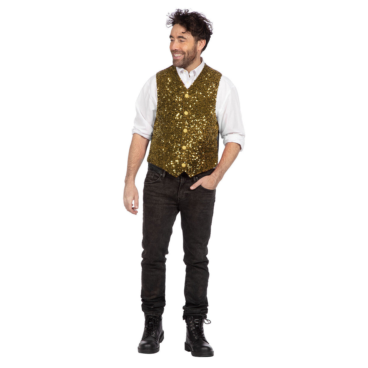 Op deze afbeelding zie je een Kostuums, van het merk Wilbers. Glitter Gladiool Pailletten Gilet Goud Man