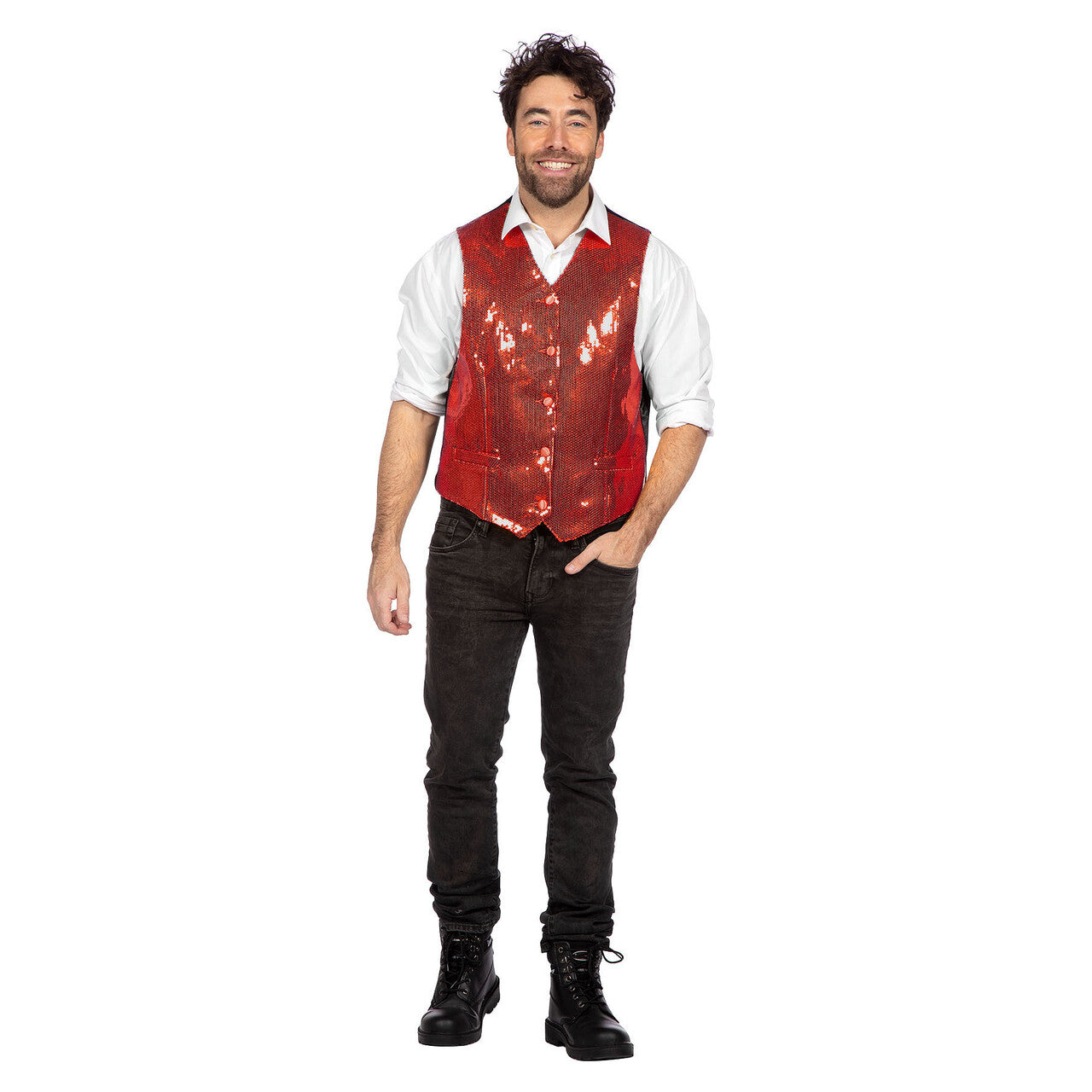 Op deze afbeelding zie je een Kostuums, van het merk Wilbers. Showstopper Pailletten Gilet Rood Man