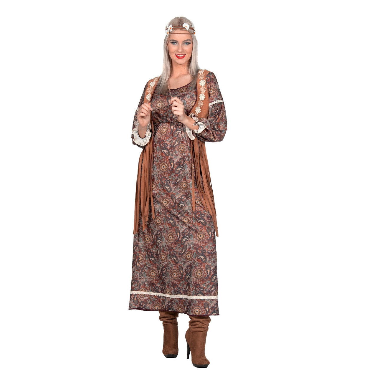 Op deze afbeelding zie je een Kostuums, van het merk Wilbers. Maxi Jurk Paisly Hot Flower Power Vrouw