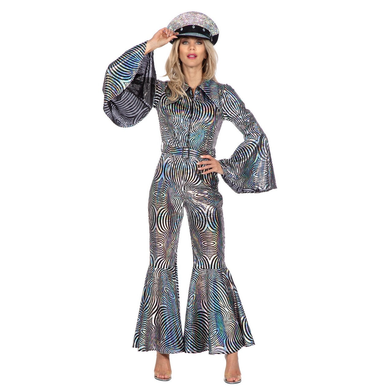 Op deze afbeelding zie je een Kostuums, van het merk Wilbers. 70s Zilveren Dolle Disco Catsuit Vrouw Kostuum