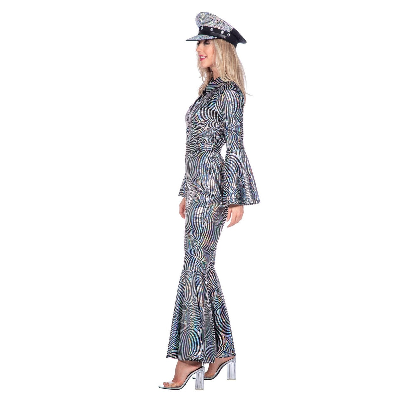 Op deze afbeelding zie je een Kostuums, van het merk Wilbers. 70s Zilveren Dolle Disco Catsuit Vrouw Kostuum