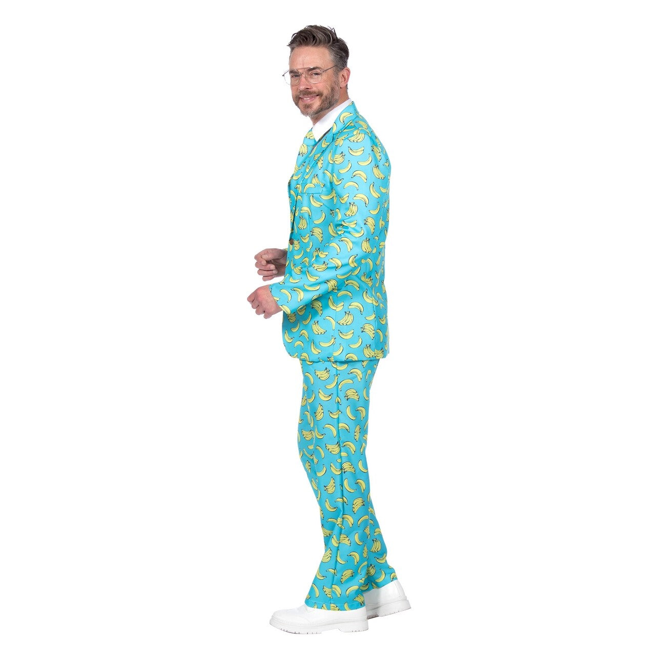 Op deze afbeelding zie je een Kostuums, van het merk Wilbers. Pak Bananen Man Kostuum