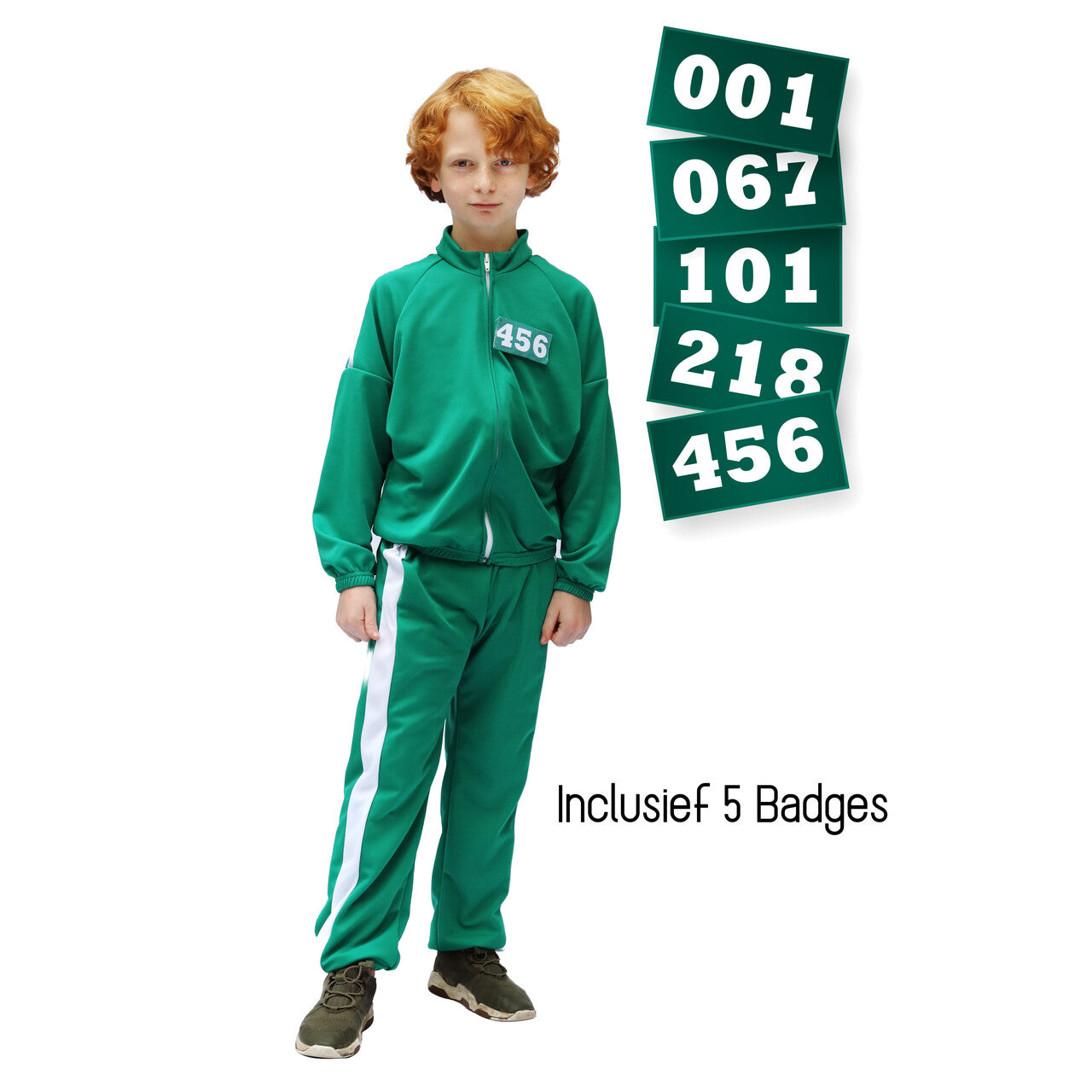 Op deze afbeelding zie je een Kostuums, van het merk Wilbers. Squid Game Deelnemer Trainingspak Groen Inclusief 5 Badges Kind Kostuum