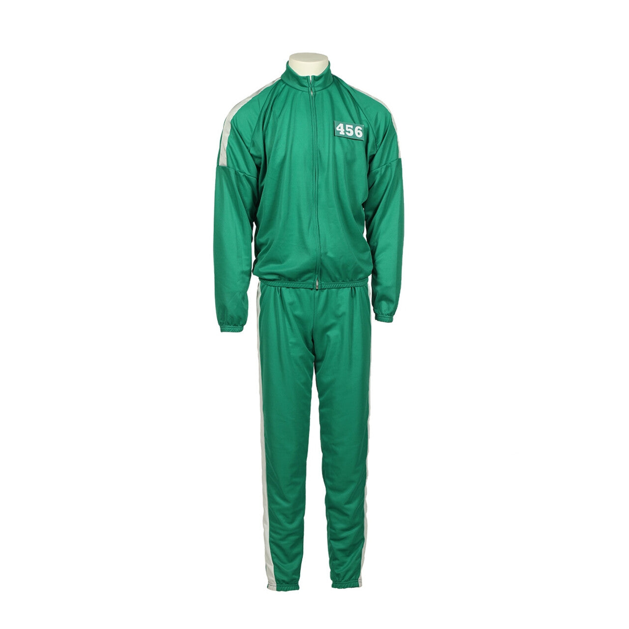 Op deze afbeelding zie je een Kostuums, van het merk Wilbers. Squid Game Deelnemer Trainingspak Groen Inclusief 5 Badges Kind Kostuum