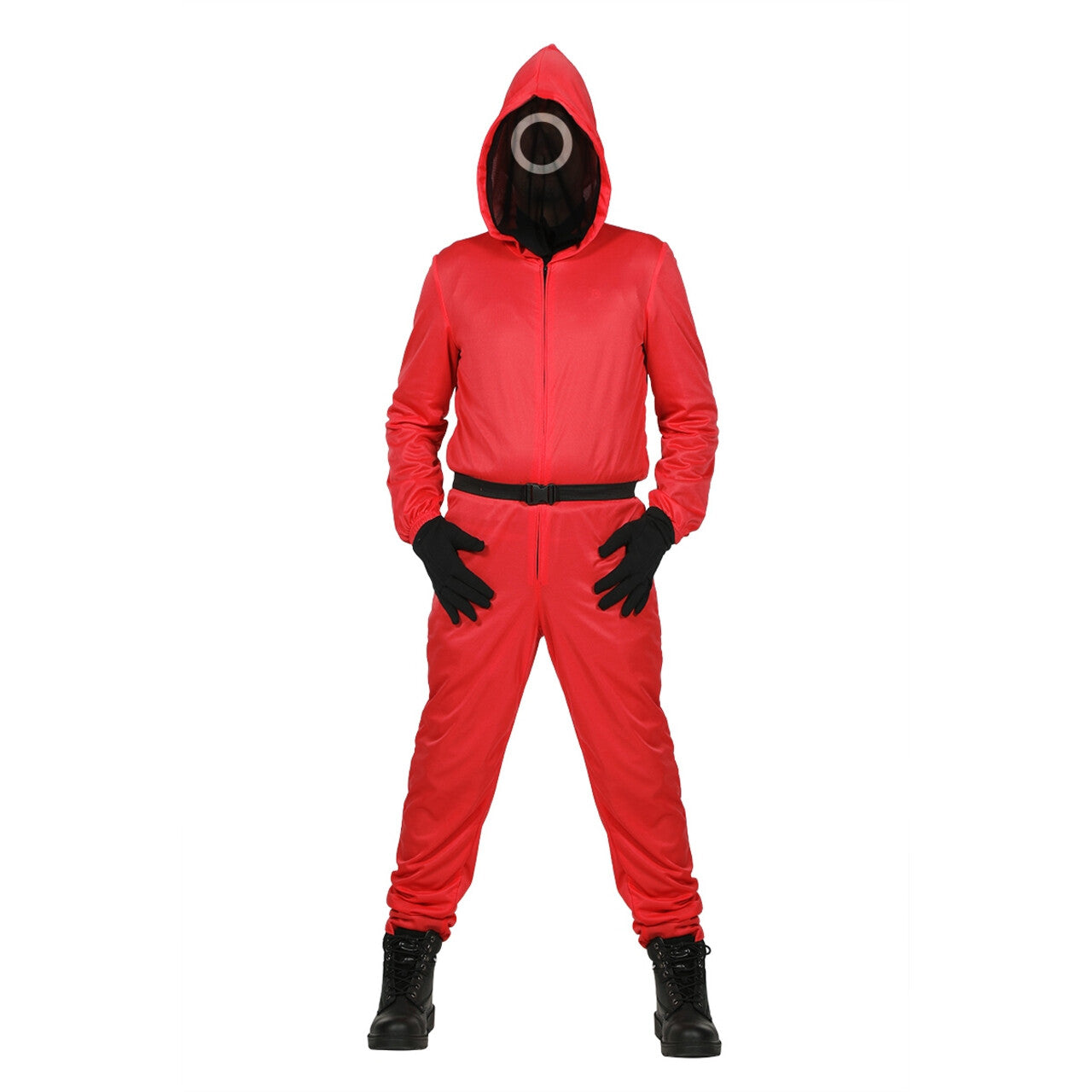 Op deze afbeelding zie je een Kostuums, van het merk Wilbers. Squid Game Werker Cirkel Rood Bloedveger Met Stoffen Masker Kostuum