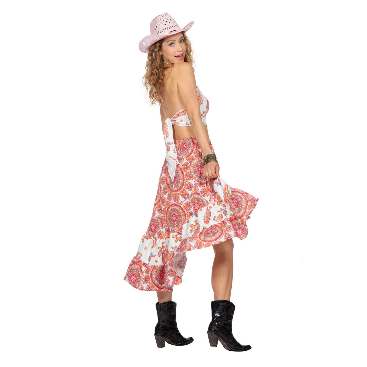 Op deze afbeelding zie je een Kostuums, van het merk Wilbers. Country Girl Miley Festival Vrouw Kostuum
