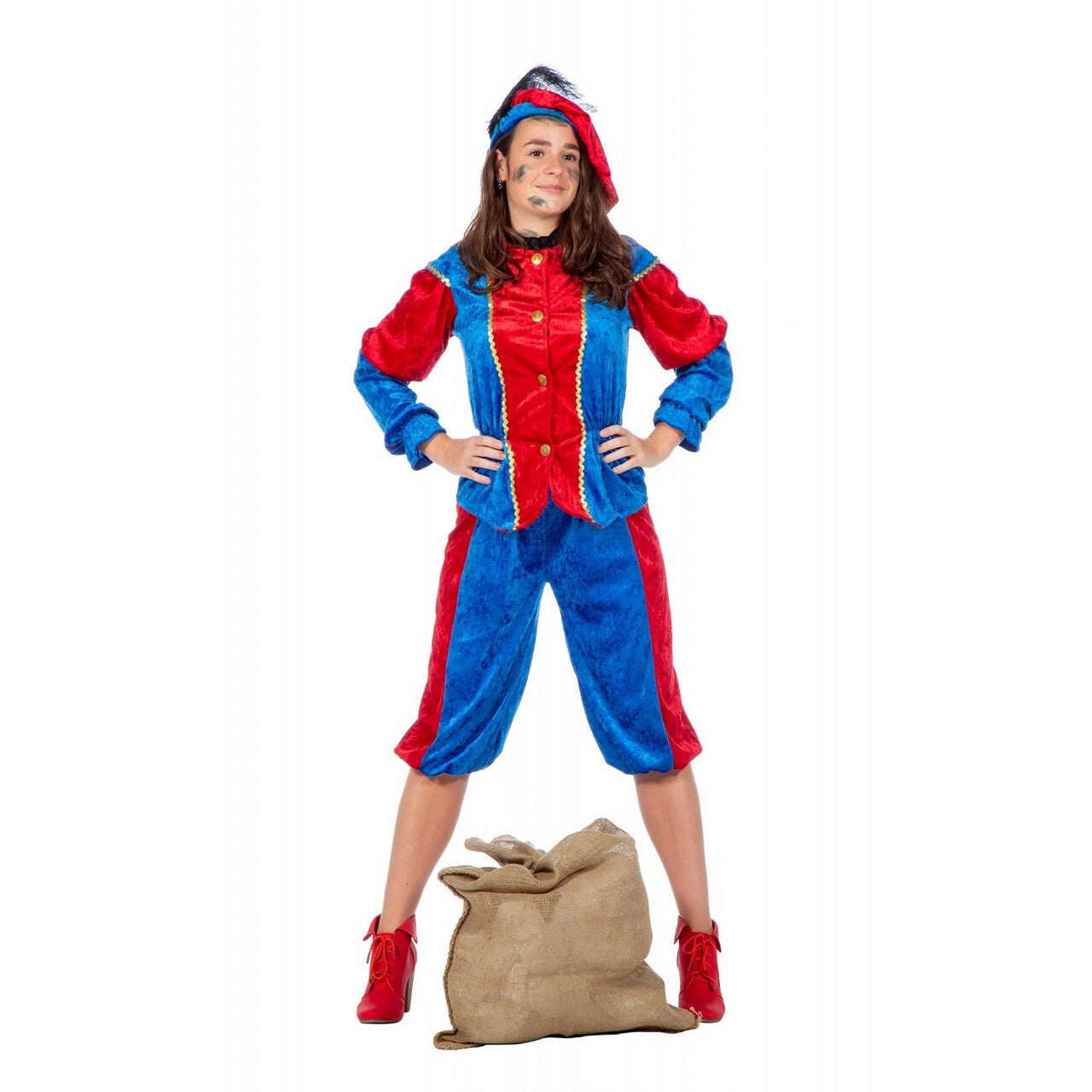 Op deze afbeelding zie je een Kostuums, van het merk Wilbers. Ondeugende Piet Blauw Rood Kostuum