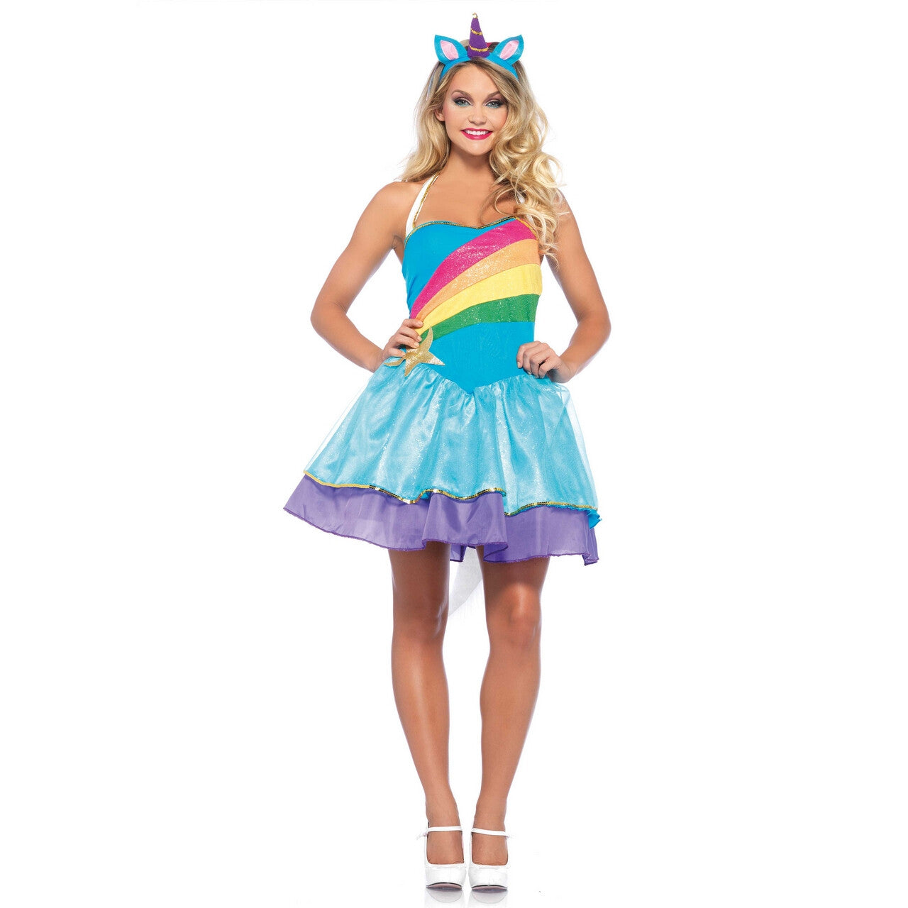 Op deze afbeelding zie je een Kostuums, van het merk Wonderland. Wonderland Rainbow Unicorn Vrouw Kostuum